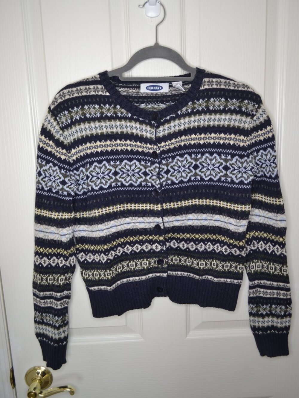 Old Navy Fair Isle Cardigan Medium Blue Nordic Sweater Cottagecore Cozy Winter